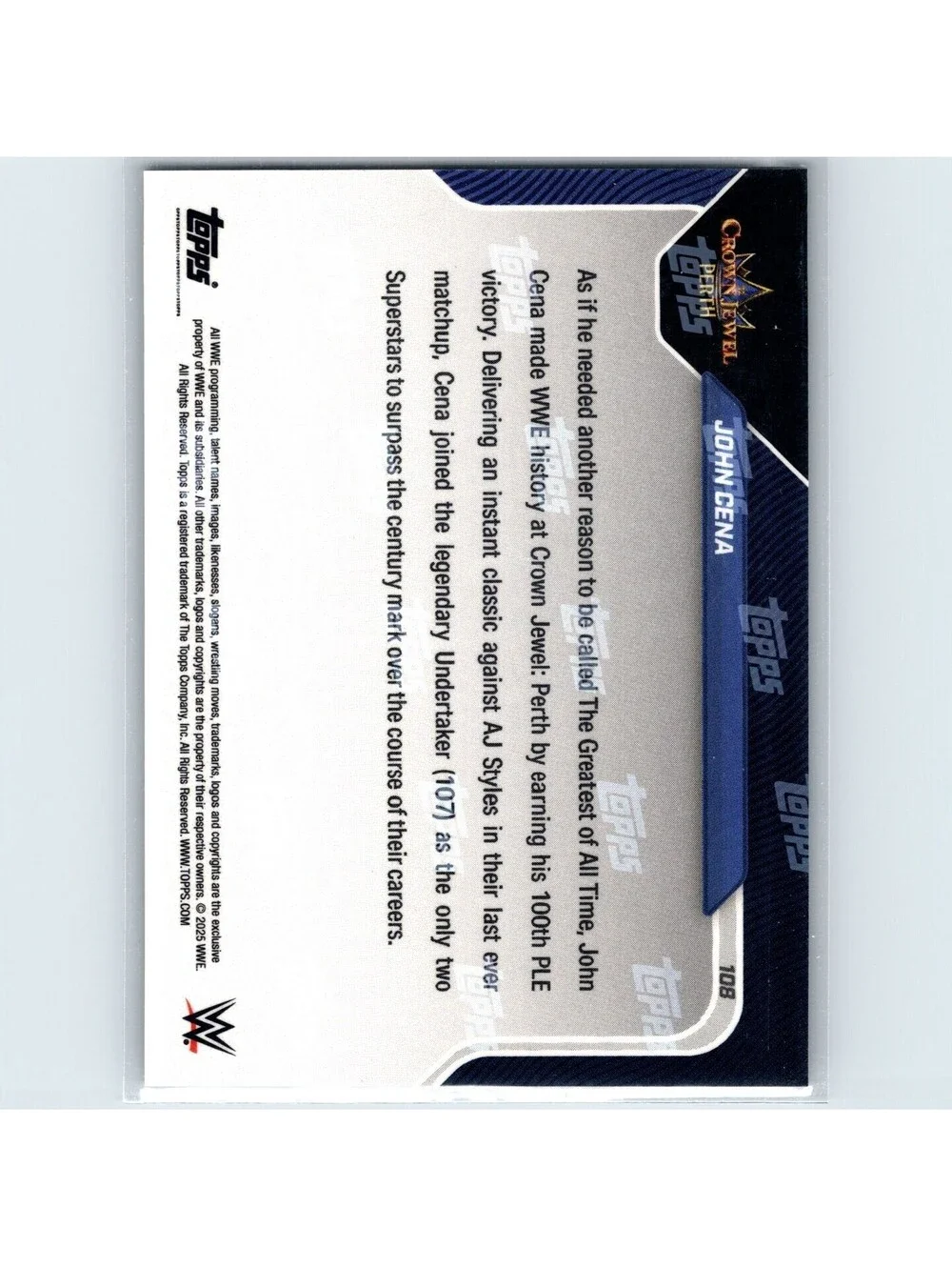 2025 Topps Now WWE - John Cena Earns 100th PLE Victory AJ Styles #108 - Gold /50